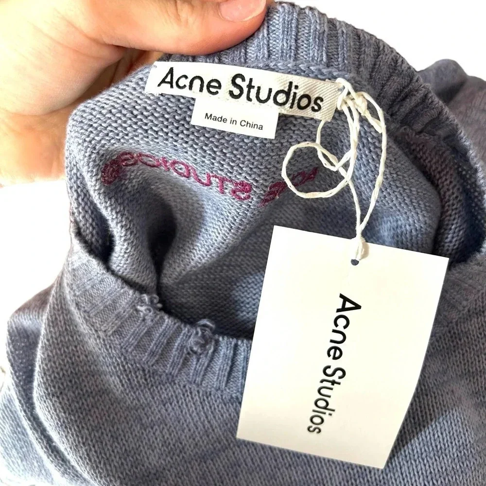 Acne Studios Sweater Peace Sign Embroidered Jumper Knit Blue Size Large *Damaged